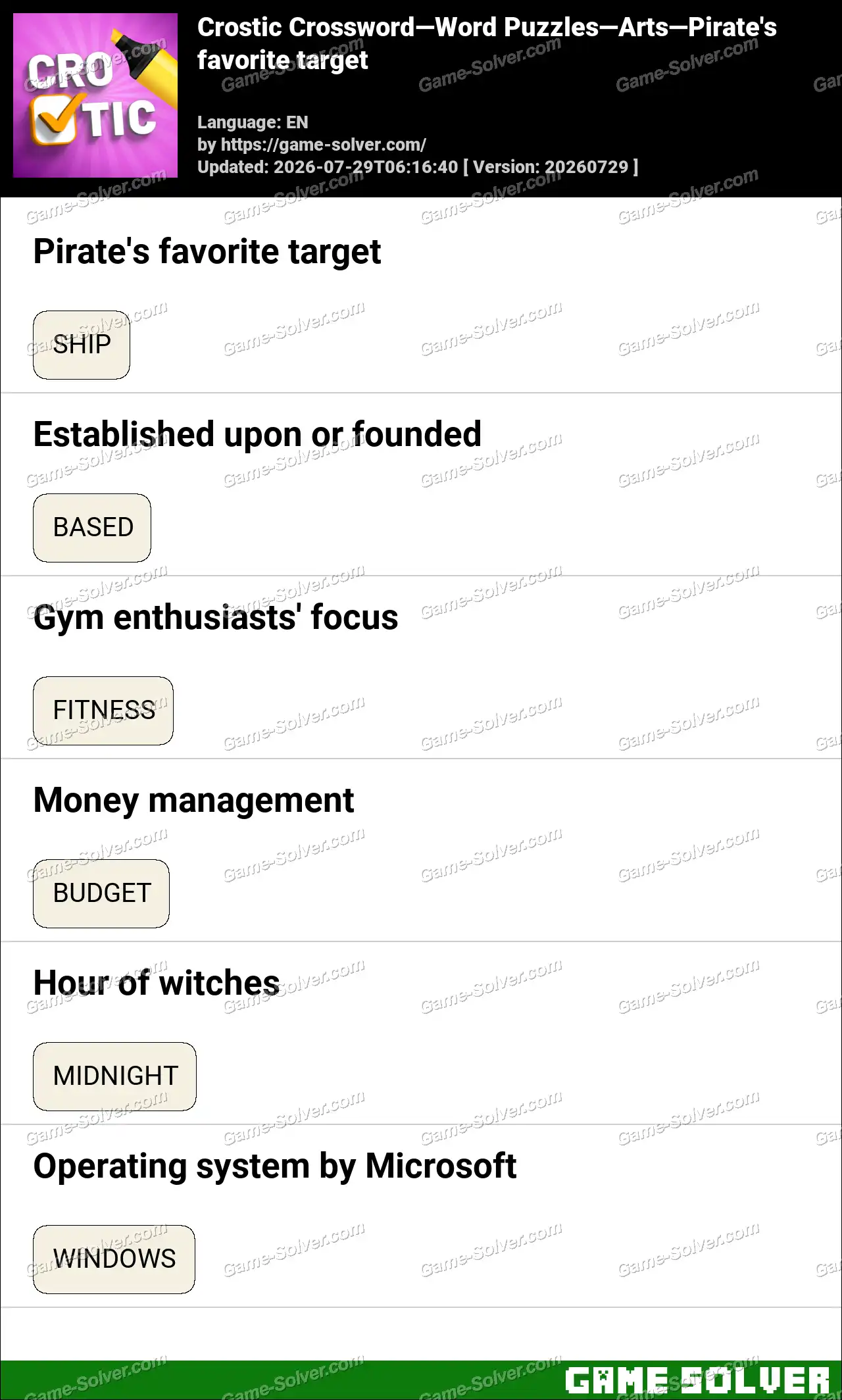 Crostic Crossword-Word Puzzles-Arts-Pirate’s favorite target